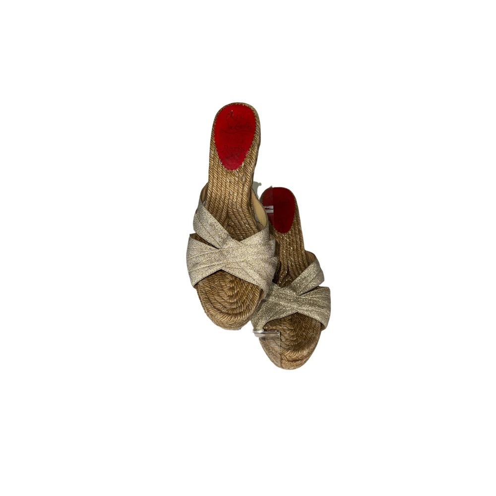 Christian Louboutin Gold Metallic Espadrille Wedge Sandals Red Bottoms Size 38